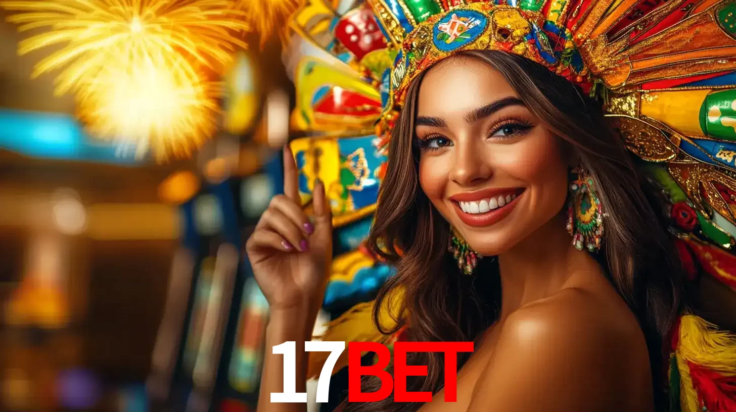 Mulher sorridente com um cocar de carnaval vibrante e colorido, celebrando uma grande vitória nos jogos do cassino 17bet com fogos de artifício ao fundo.