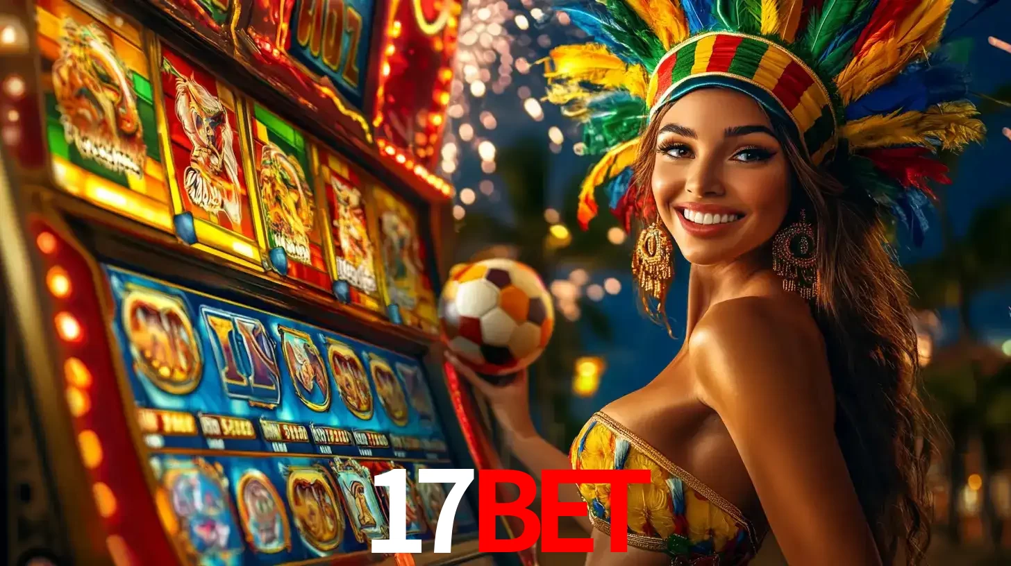 Mulher com um cocar de carnaval ao lado de uma máquina de caça-níqueis enquanto segura uma bola de futebol, mostrando a união da diversão de cassino e esportes no 17bet.