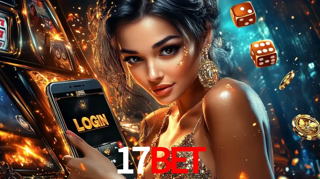 Mulher glamourosa segurando um celular com a tela de login do cassino 17bet, rodeada por dados e moedas douradas, pronta para começar a diversão.