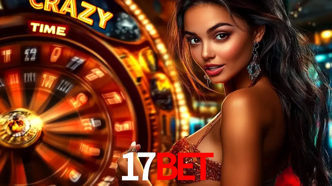 Mulher ao lado da roda de prêmios do jogo de cassino ao vivo Crazy Time, um dos shows de jogos mais emocionantes oferecidos pela plataforma de apostas 17bet.