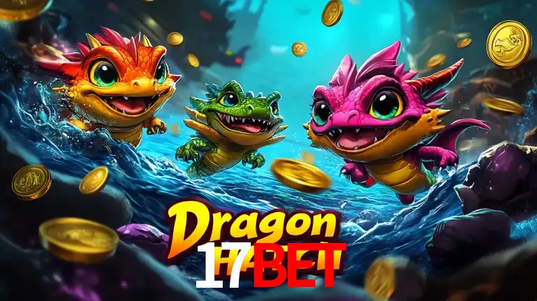 Arte promocional do jogo Dragon Hatch com três adoráveis dragões bebês nadando entre moedas de ouro, um dos slots mais divertidos para jogar no cassino 17bet.