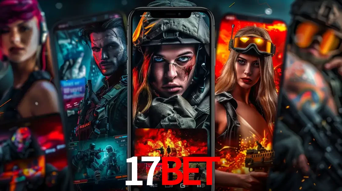 Montagem de telas de celular mostrando diversos personagens, masculinos e femininos, de um jogo de tiro, ilustrando a diversidade de equipes de e-sports para apostar no 17bet.
