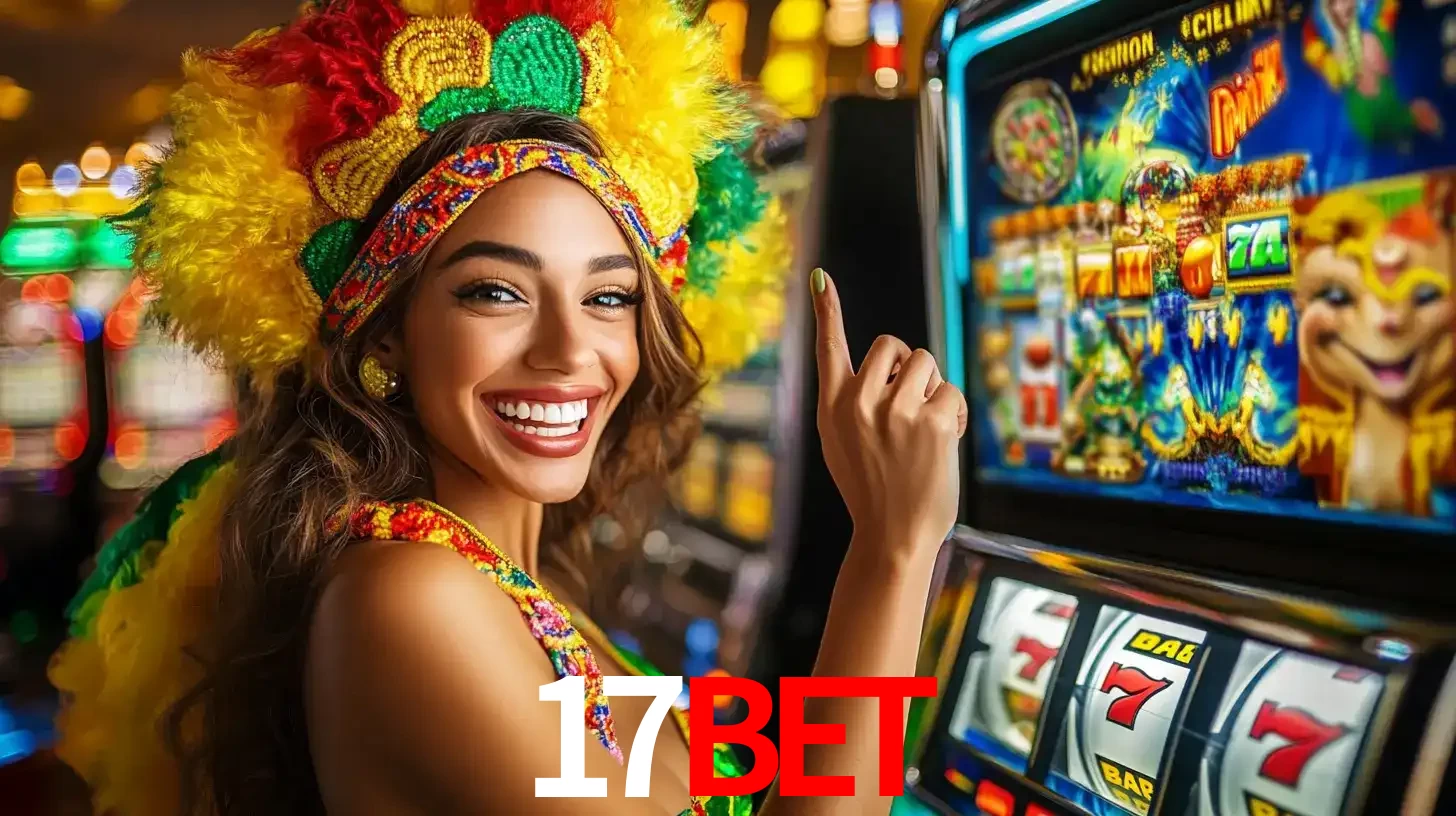 Mulher animada com um cocar de carnaval apontando para uma máquina de caça-níqueis, mostrando a emoção de ganhar um grande prêmio nos jogos do 17bet.