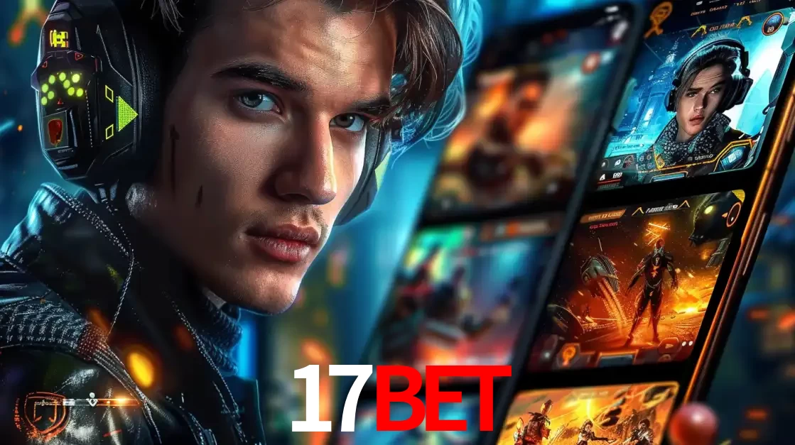 Jovem jogador com fones de ouvido olhando para a câmera, com um aplicativo de jogos e e-sports para celular ao fundo, pronto para a competição e apostas no 17bet.