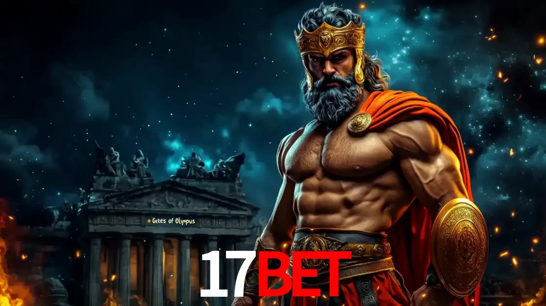 O poderoso Zeus do jogo de slot Gates of Olympus em frente ao seu templo, pronto para lançar multiplicadores divinos e prêmios épicos no cassino online 17bet.