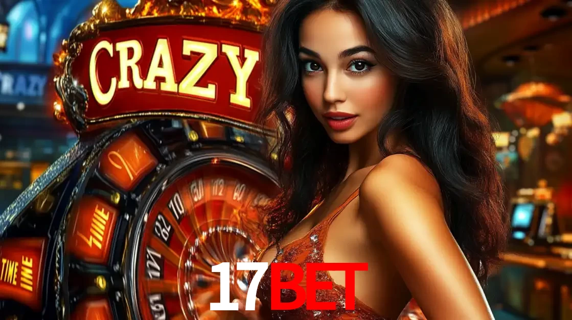 Mulher glamourosa olhando para a câmera com a roda vermelha do Crazy Time ao fundo em um ambiente de cassino, destacando a emoção dos jogos ao vivo no 17bet.
