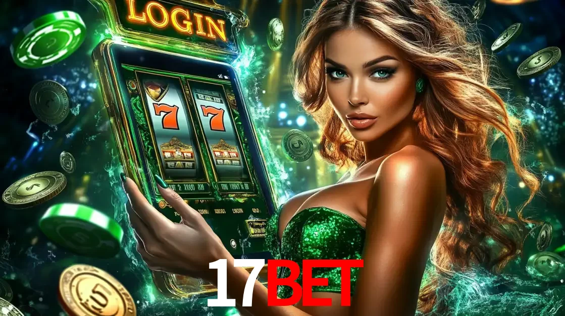 Mulher com tema verde apresentando o aplicativo do cassino 17bet com um jogo de slot de 777, cercada por fichas de cassino e uma aura de sorte.