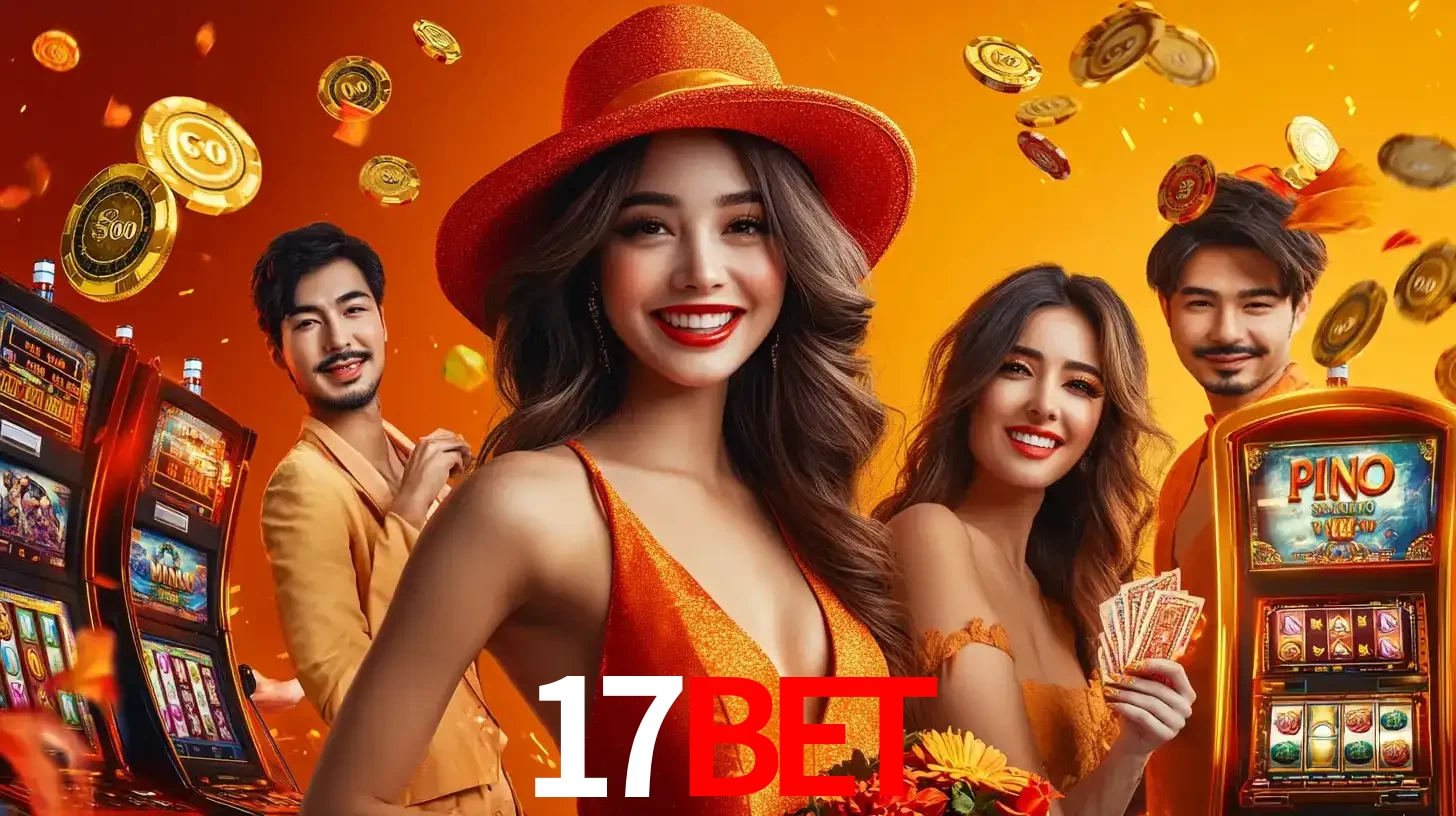 Grupo de amigos asiáticos sorrindo e se divertindo com máquinas de caça-níqueis em um ambiente festivo, celebrando suas vitórias nos jogos de cassino do 17bet.