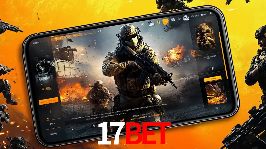 Um smartphone exibindo a interface de um jogo de tiro em primeira pessoa, com um soldado em um cenário de batalha, representando a ação dos e-sports para apostar no 17bet.