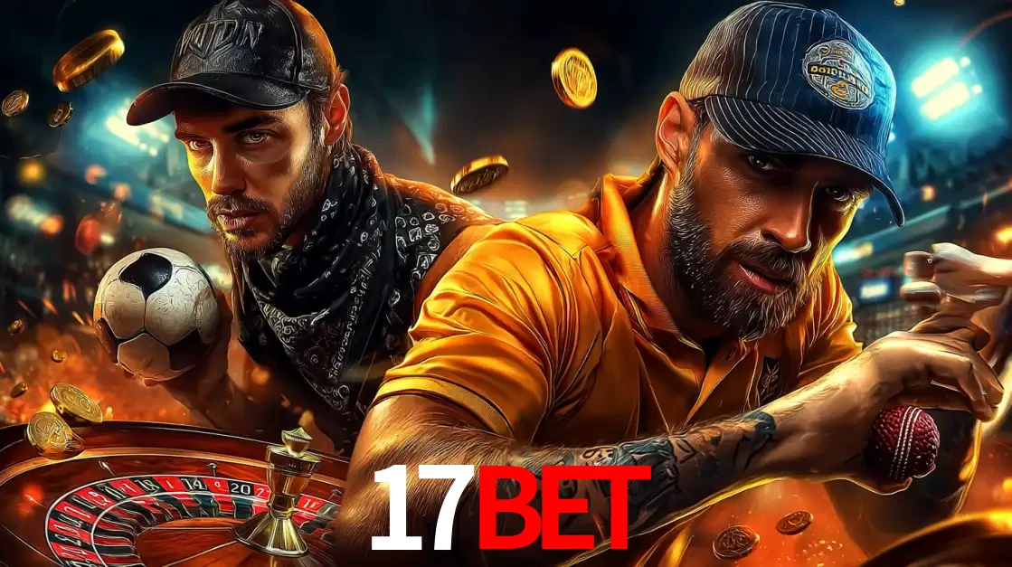 Montagem de apostas esportivas e cassino no 17bet, com um homem segurando uma bola de futebol e outro uma de beisebol sobre uma roleta e moedas voadoras.