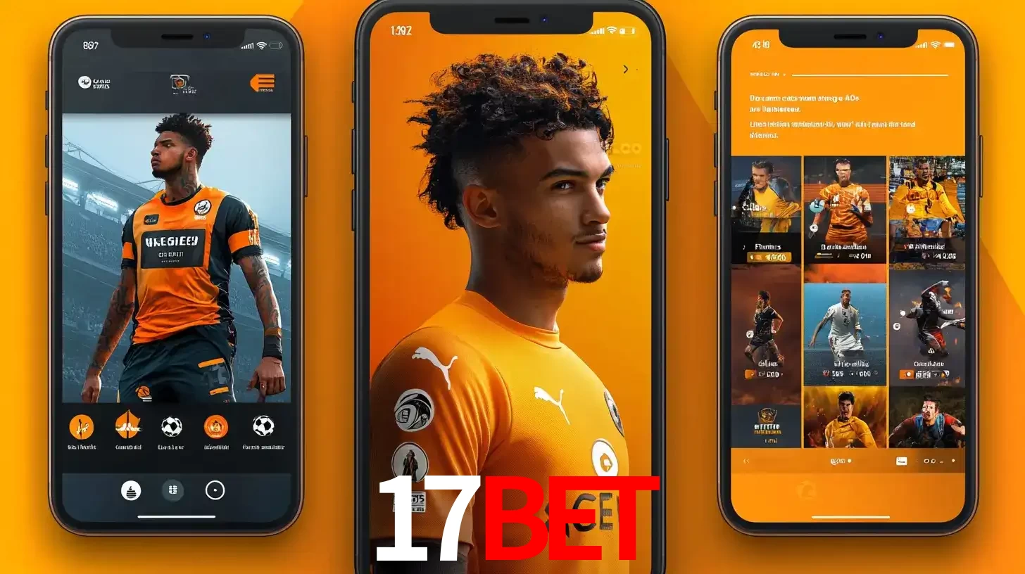 Interface do aplicativo de apostas esportivas 17bet em três telas de celular, mostrando o perfil de um jogador de futebol e a lista de jogos disponíveis para apostar.