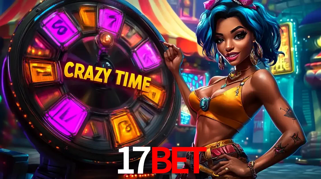 Mulher estilizada com cabelo azul e visual vibrante posando ao lado da roda de prêmios do game show Crazy Time, convidando para a diversão e os bônus do cassino 17bet.