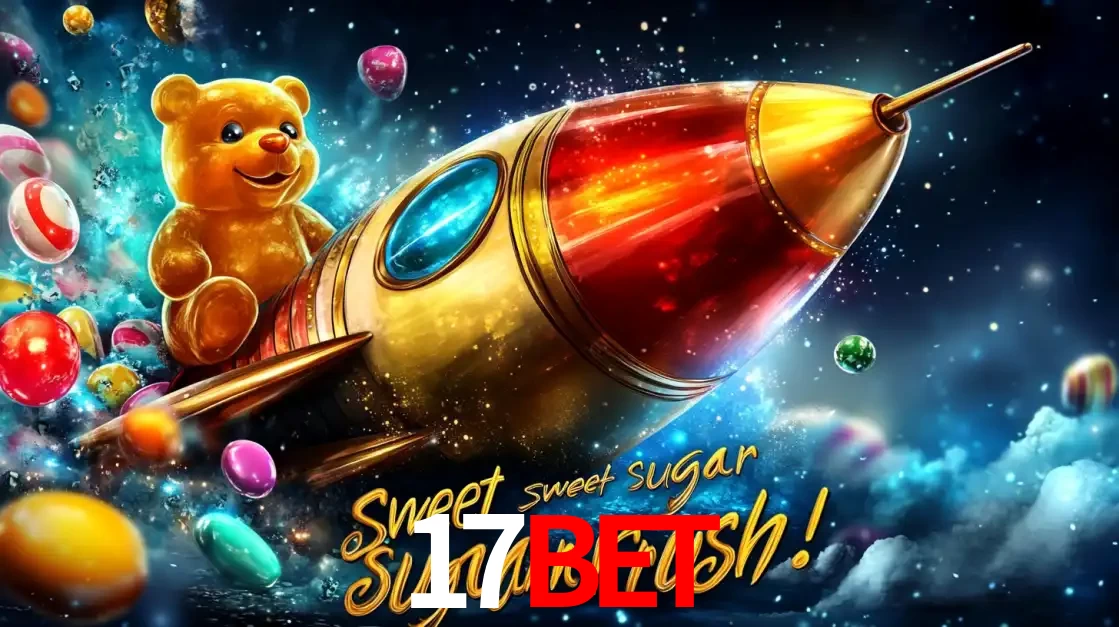 Arte promocional do jogo de slot Sugar Rush, com um urso de pelúcia em um foguete viajando pelo espaço de doces, um dos jogos divertidos disponíveis no cassino 17bet.