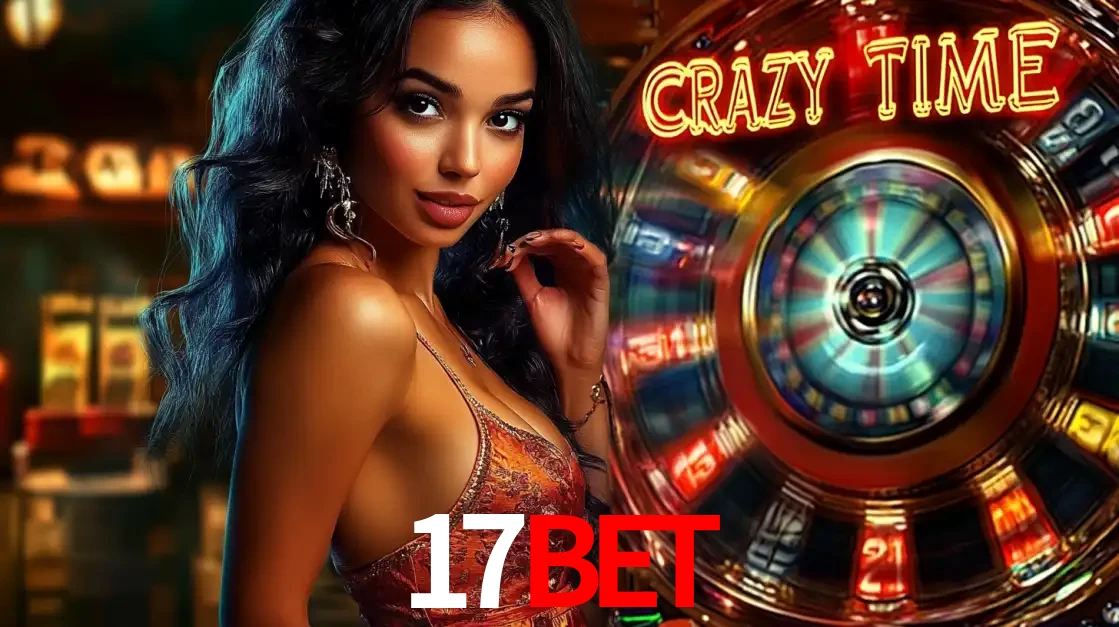 Mulher elegante ao lado da vibrante roda da fortuna do jogo de cassino ao vivo Crazy Time, um dos game shows mais populares e cheios de prêmios do 17bet.