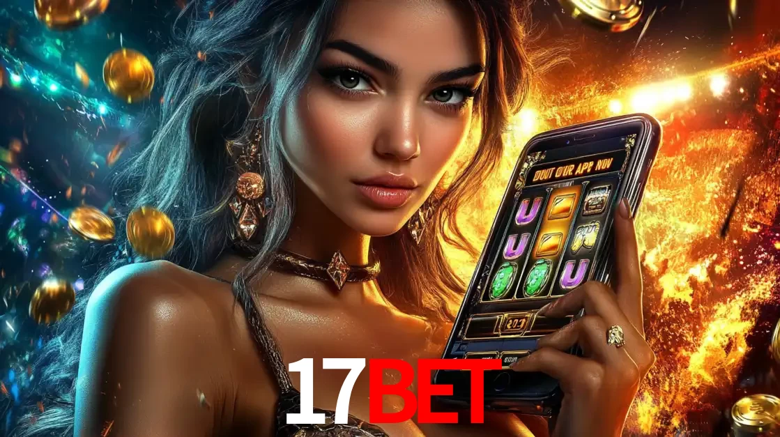 Mulher elegante mostrando um jogo de caça-níqueis em seu smartphone, destacando a experiência de cassino móvel oferecida pelo aplicativo 17bet.