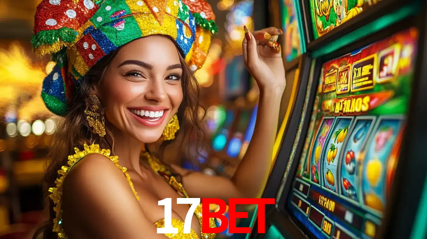 Mulher feliz com traje de carnaval amarelo e colorido ao lado de uma máquina de caça-níqueis, aproveitando a diversão e os jogos temáticos do cassino 17bet.