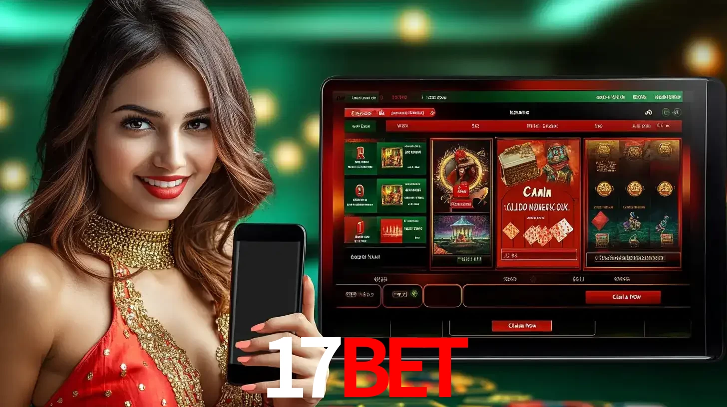 Mulher sorridente segurando um smartphone, ao lado de uma tela exibindo o lobby de jogos do cassino online 17bet, com várias opções de jogos de cartas e slots.